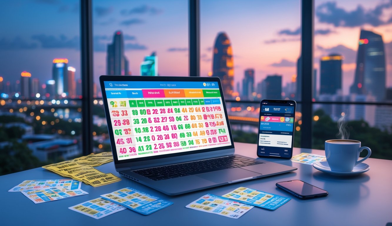 Meja kerja dengan laptop, tiket lotere, dan pemandangan kota Bangkok di latar belakang.