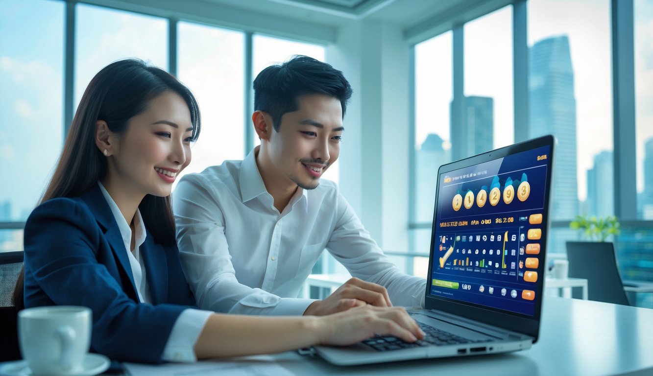 Dua orang Asia bekerja bersama di kantor modern dengan laptop yang menampilkan antarmuka lotere digital, latar belakang kota Bangkok terlihat melalui jendela besar.