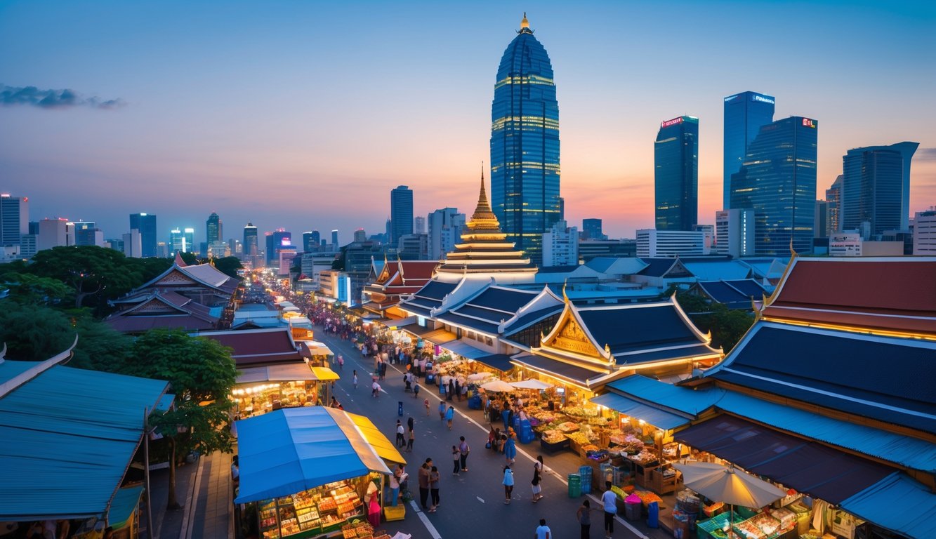 Suasana jalanan malam di Bangkok dengan pasar yang ramai dan gedung-gedung tinggi di latar belakang.