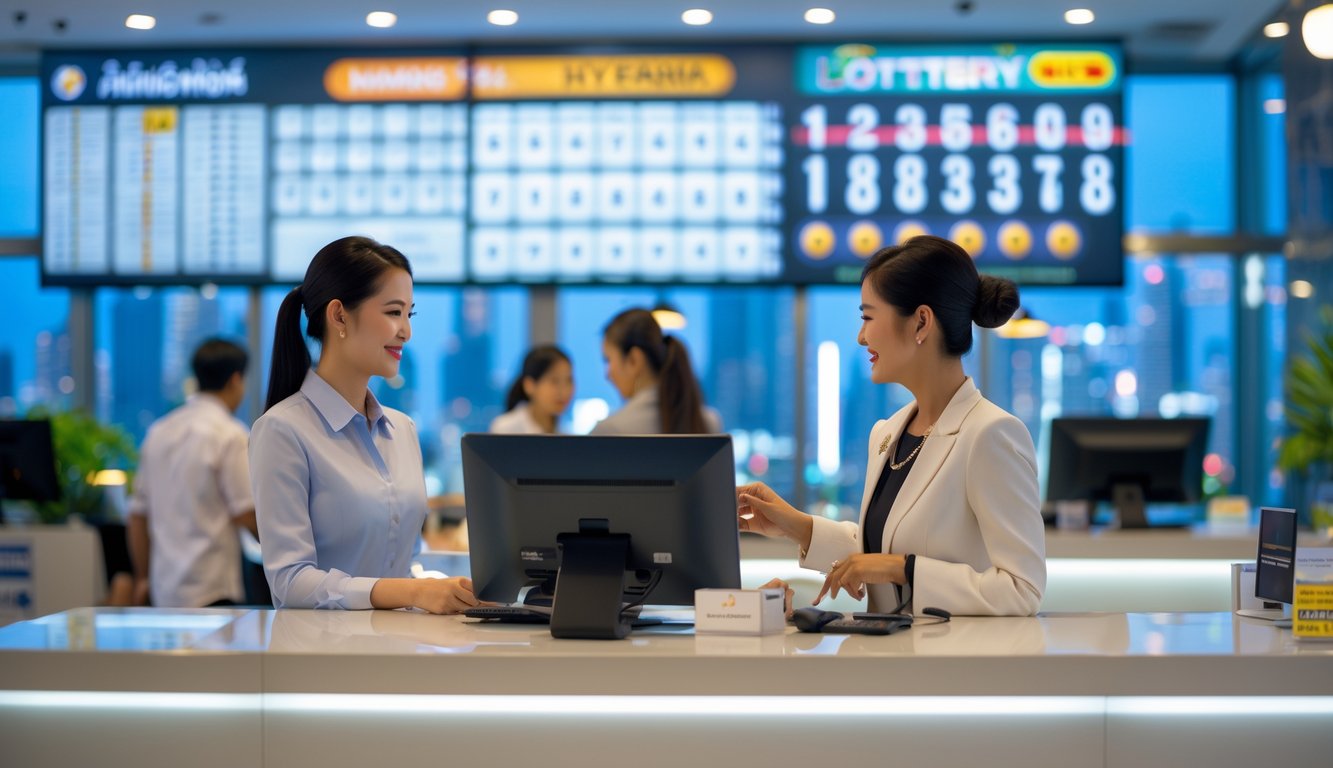 Suasana kantor agen togel di Bangkok dengan agen yang ramah melayani pelanggan di konter yang rapi dan modern.