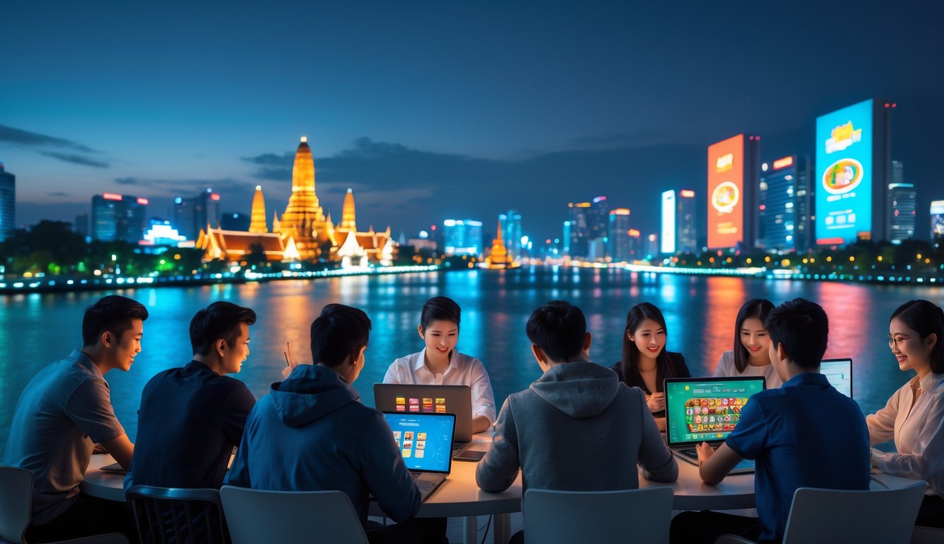 Pemandangan malam kota Bangkok yang sibuk dengan gedung pencakar langit dan orang-orang menggunakan perangkat digital.