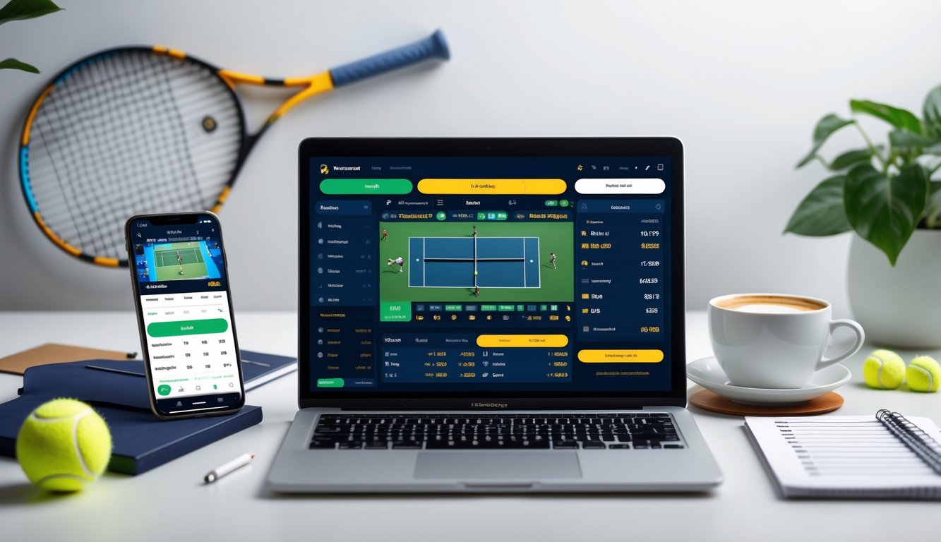 Seorang pria menggunakan laptop di meja kerja dengan tampilan pertandingan tenis dan aplikasi taruhan di layar, dikelilingi oleh raket tenis dan bola tenis.