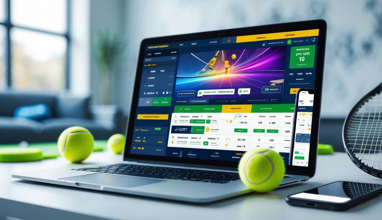 Seorang pengguna duduk di depan komputer dengan layar menampilkan antarmuka taruhan tenis online, dikelilingi bola tenis dan raket di meja kerja yang terang dan rapi.