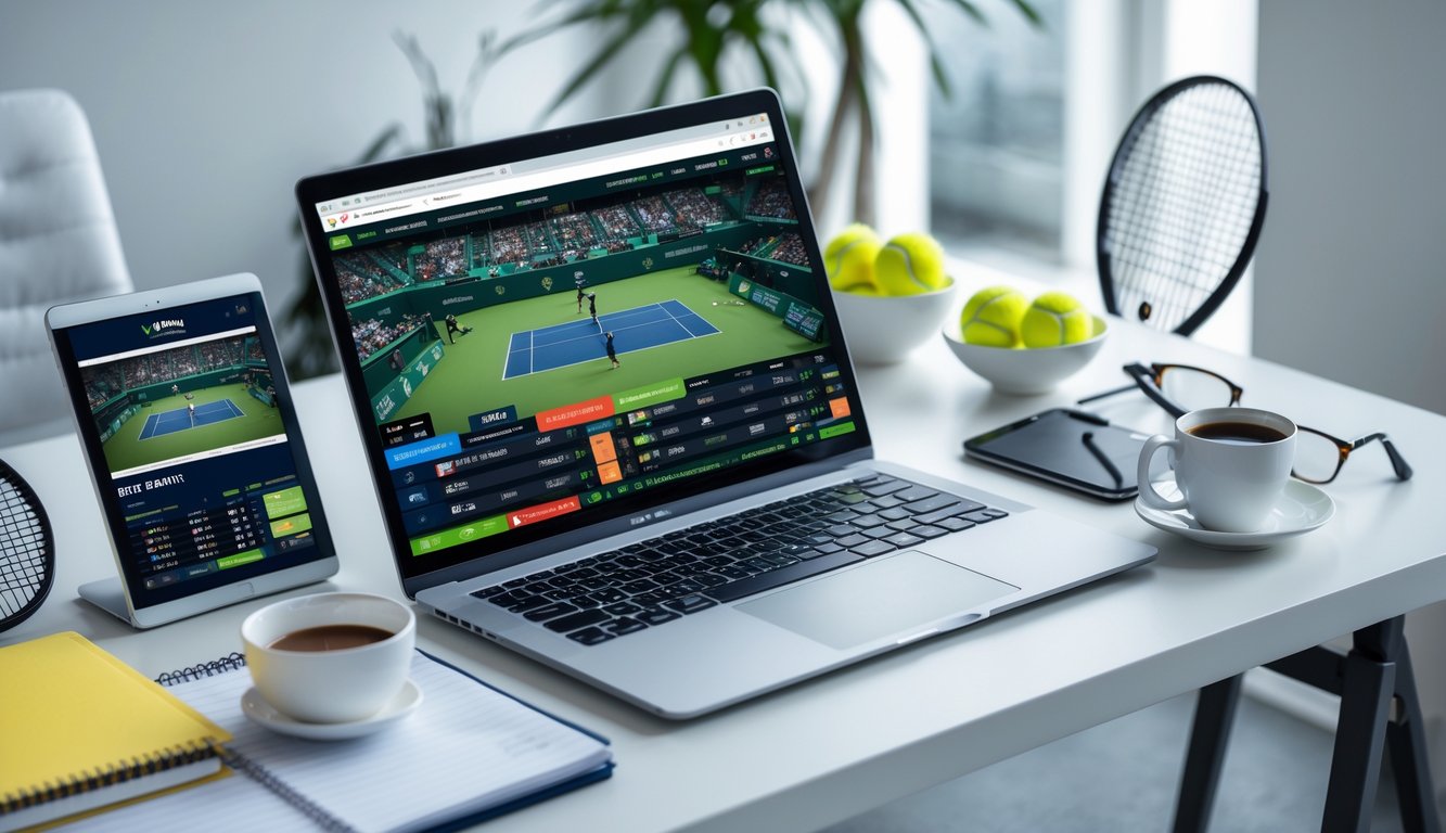 Meja kerja modern dengan laptop menampilkan pertandingan tenis, ponsel dan tablet menunjukkan peluang taruhan, serta perlengkapan tenis di latar belakang.