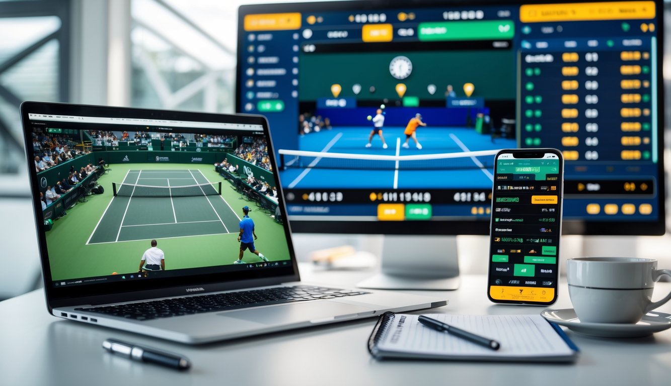 Seorang pria duduk di meja dengan laptop dan ponsel, menonton pertandingan tenis langsung dan memasang taruhan secara online.