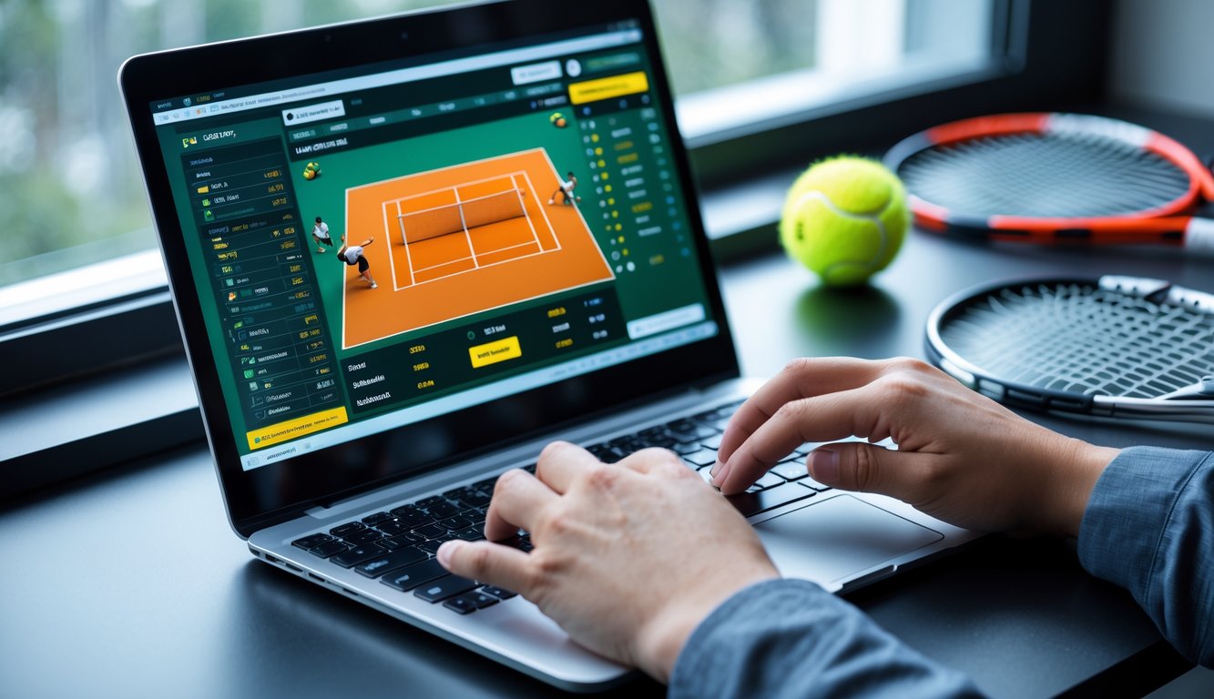 Seseorang menggunakan laptop di meja dengan raket tenis dan bola tenis di sampingnya, menonton pertandingan tenis secara online.