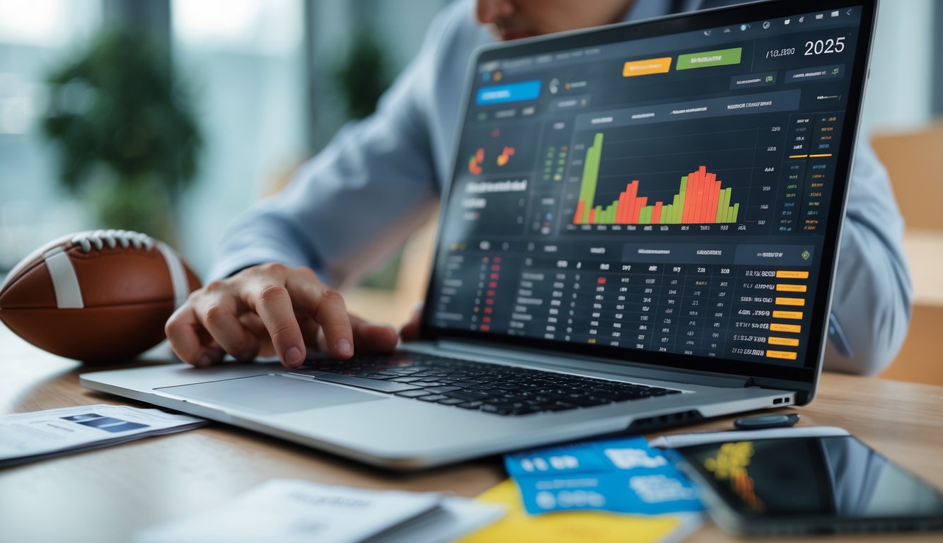 Seseorang sedang menggunakan laptop dengan data dan statistik pertandingan sepak bola di layar, dikelilingi oleh bola sepak dan elemen terkait taruhan olahraga.