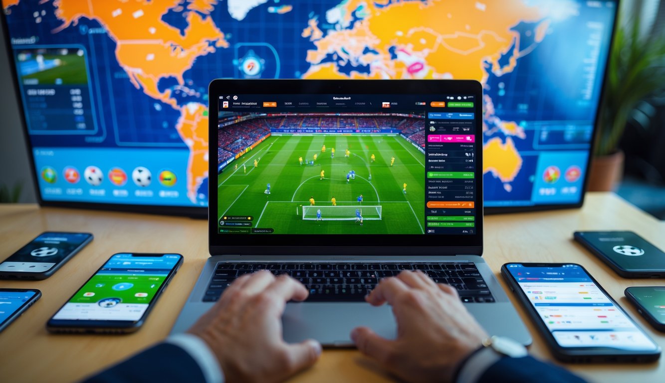 Seorang pria menggunakan laptop dan perangkat lain untuk memasang taruhan pada pertandingan sepak bola dari berbagai liga dunia.