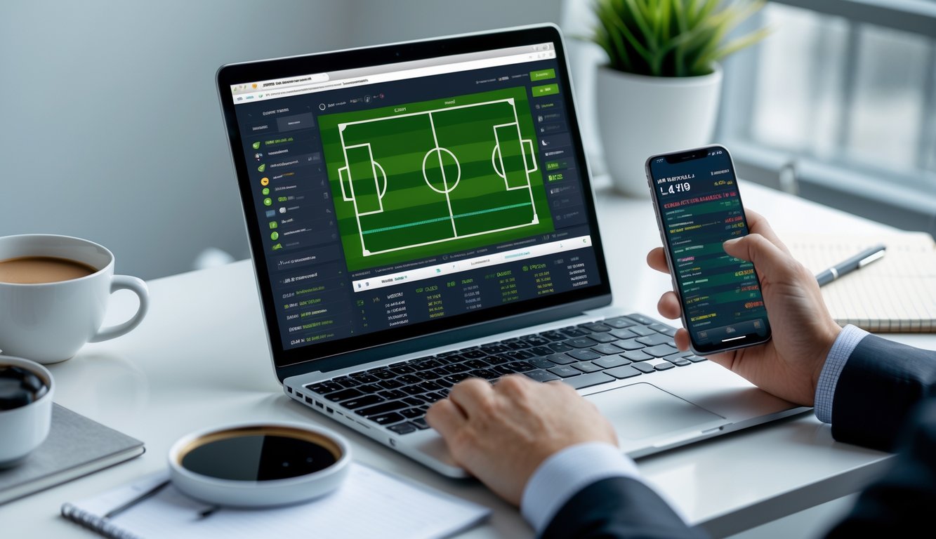 Seseorang menggunakan laptop dan ponsel untuk melihat statistik pertandingan sepak bola secara real-time di sebuah meja kerja yang rapi.