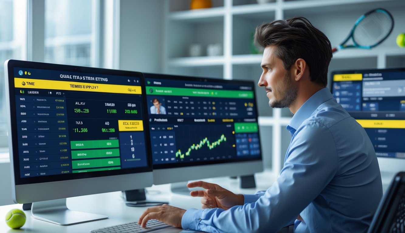 Seorang profesional di kantor modern sedang menganalisis data taruhan tenis di depan beberapa monitor komputer.