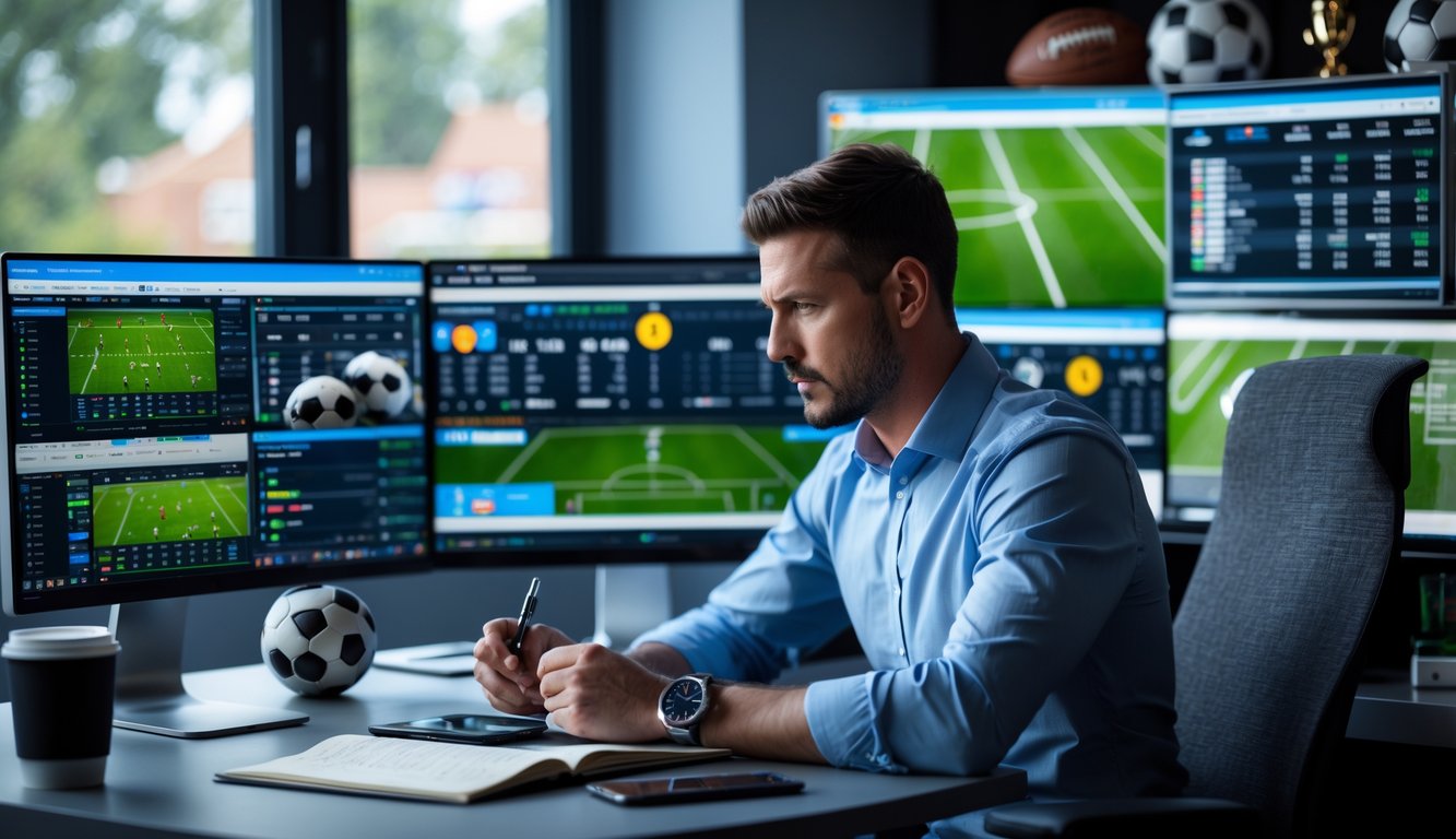 Seorang pria fokus menganalisis data pertandingan sepak bola di depan beberapa layar komputer di ruang kerja modern.