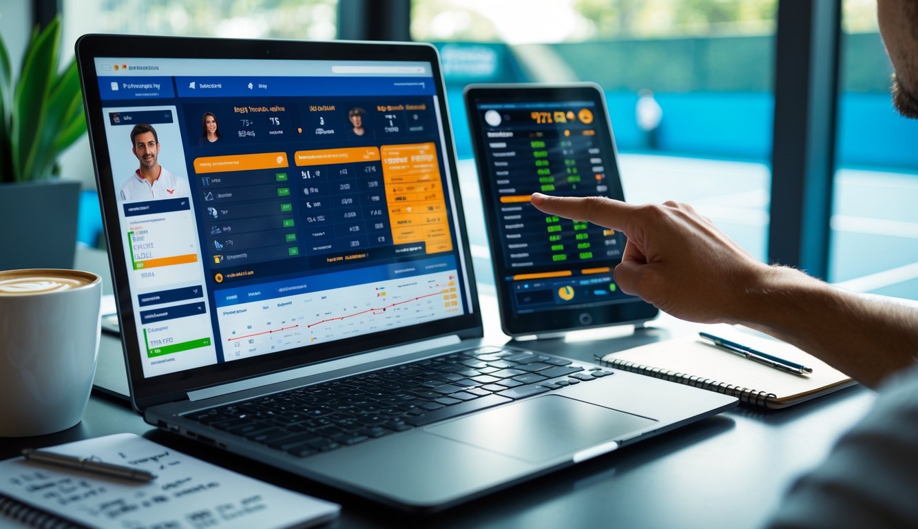 Seseorang menggunakan laptop di meja kerja dengan tampilan statistik tenis dan taruhan online, latar belakang lapangan tenis terlihat melalui jendela besar.