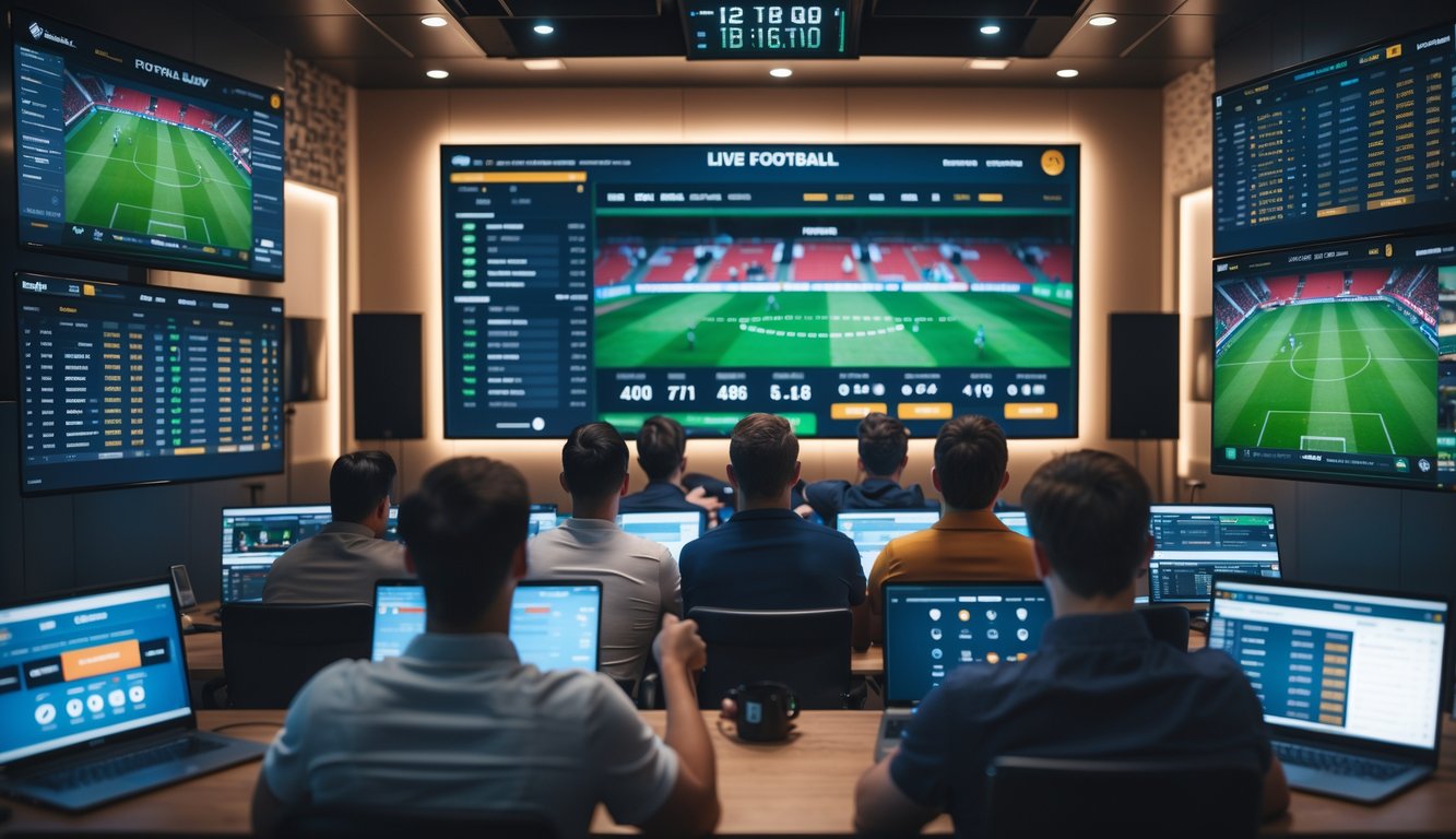 Beberapa orang menonton layar besar yang menampilkan skor dan aksi pertandingan sepak bola secara langsung.