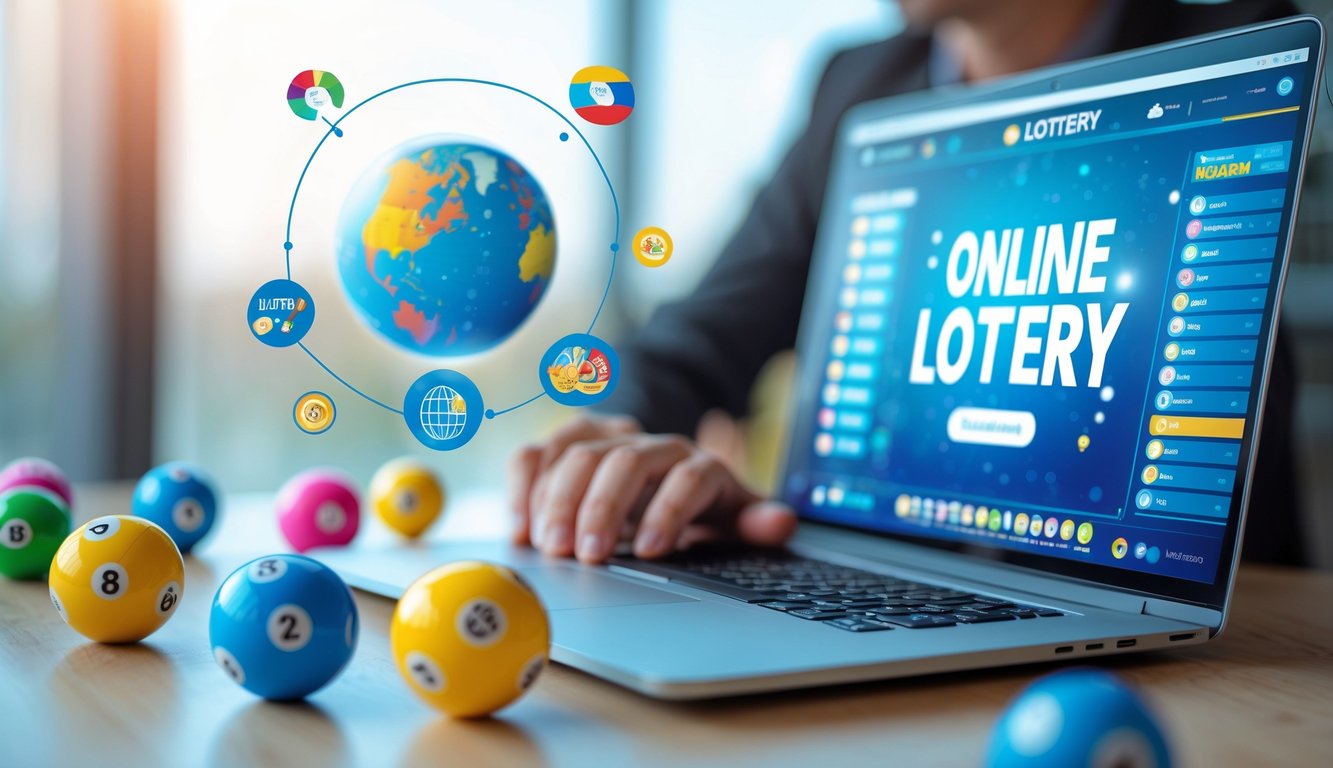 Seseorang menggunakan laptop di meja kerja dengan bola lotere dan ikon globe kecil di sekitarnya.