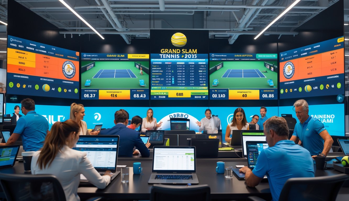 Orang-orang sedang memasang taruhan tenis Grand Slam di kantor taruhan dengan layar besar menampilkan pertandingan tenis langsung.