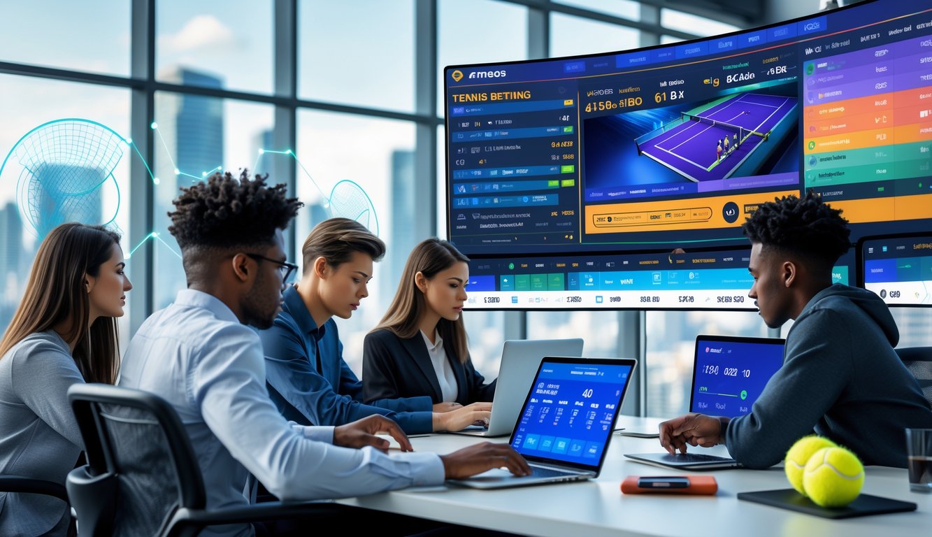 Beberapa orang muda menggunakan perangkat digital untuk bertaruh tenis secara online di ruang kerja modern dengan pemandangan kota di latar belakang.
