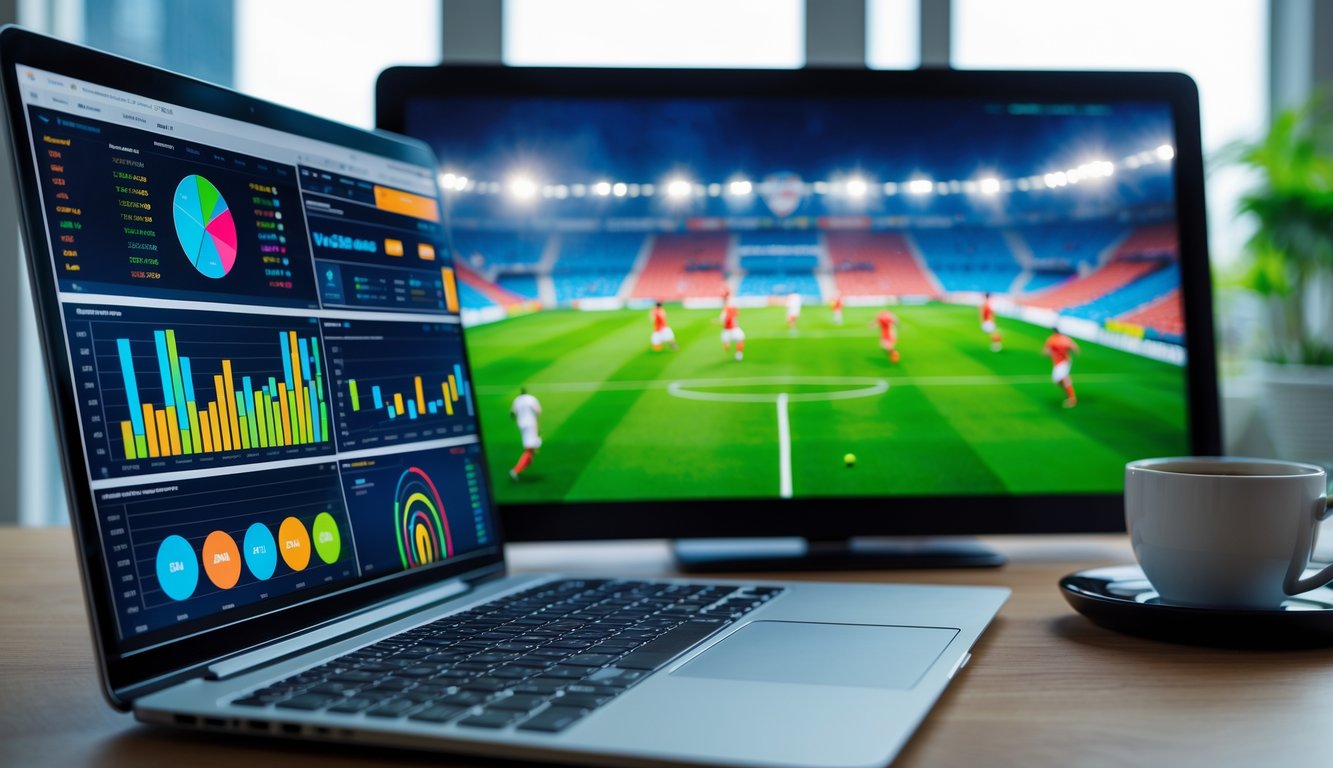 Seorang pria duduk di depan laptop dengan grafik pertandingan sepak bola, layar besar menampilkan pertandingan sepak bola langsung di latar belakang.