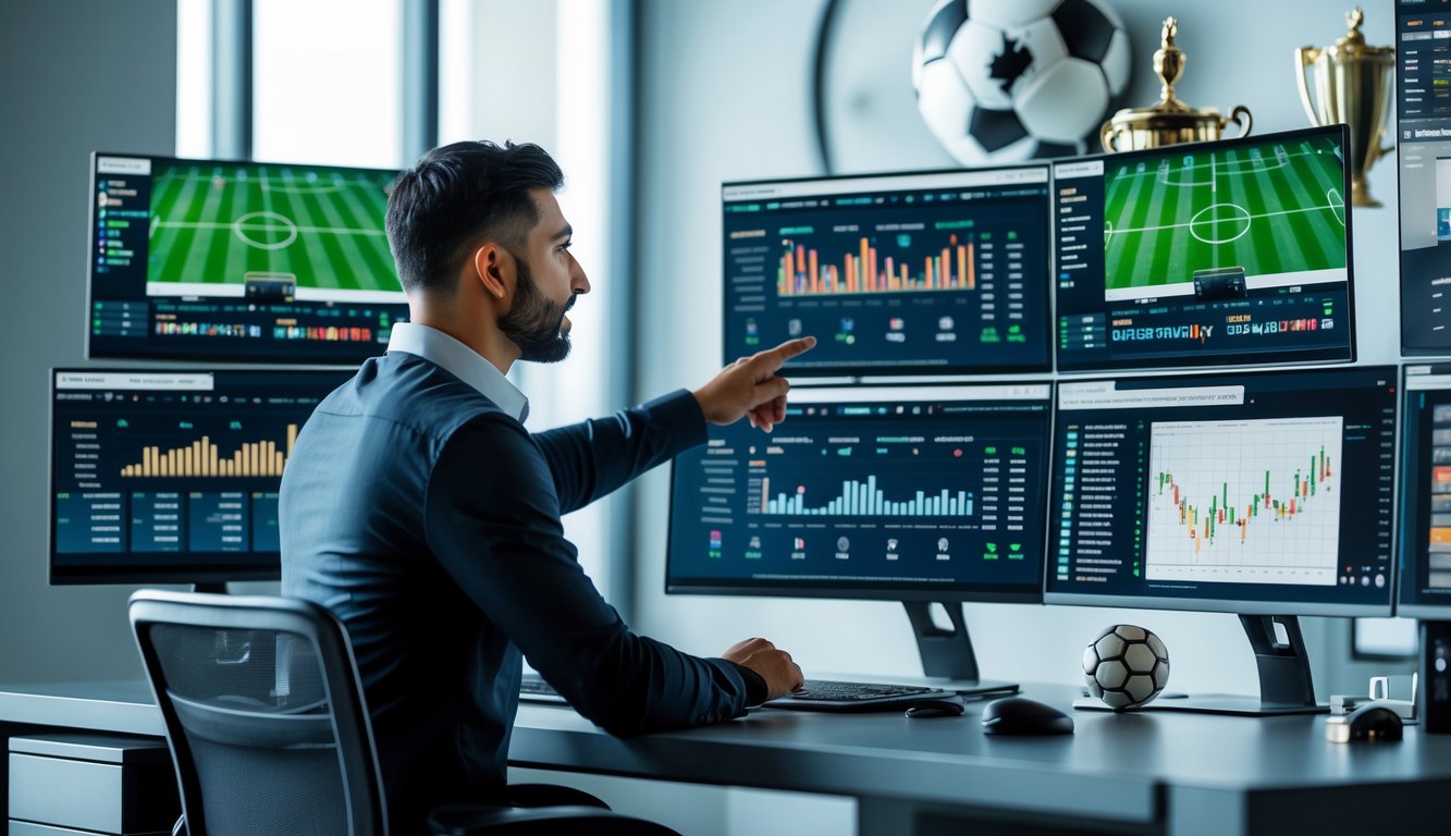 Seorang analis olahraga sedang memeriksa statistik dan rekaman pertandingan sepak bola di beberapa layar komputer di kantor modern.
