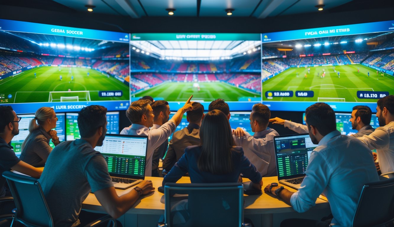 Sekelompok orang antusias menonton pertandingan sepak bola di layar digital besar sambil menggunakan perangkat untuk memasang taruhan.