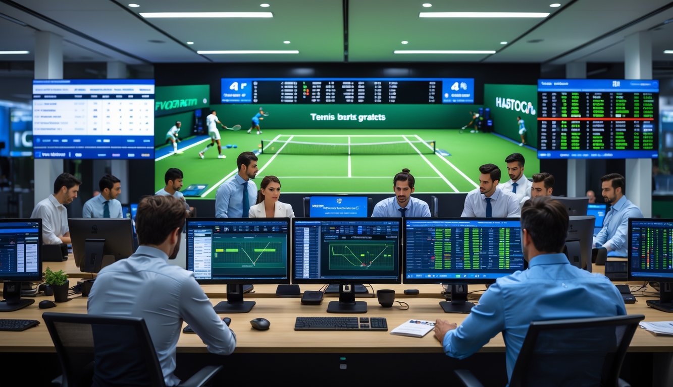 Suasana kantor agen taruhan tenis dengan beberapa orang yang sedang menganalisis data pertandingan tenis di depan komputer.