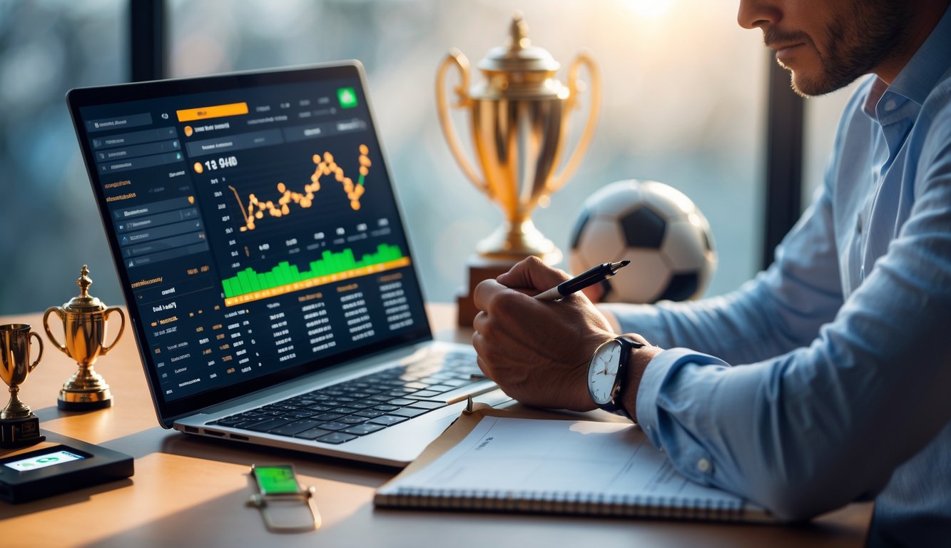 Seseorang sedang menganalisis data pertandingan sepak bola di depan laptop dengan alat tulis di meja kerja.