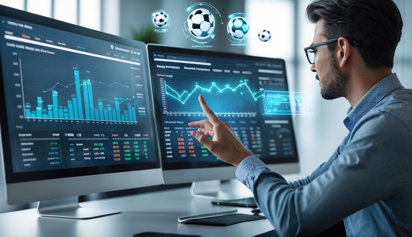 Seorang pria menggunakan komputer dengan grafik dan data statistik olahraga di layar, menunjukkan konsep prediksi taruhan bola online yang modern dan cerdas.