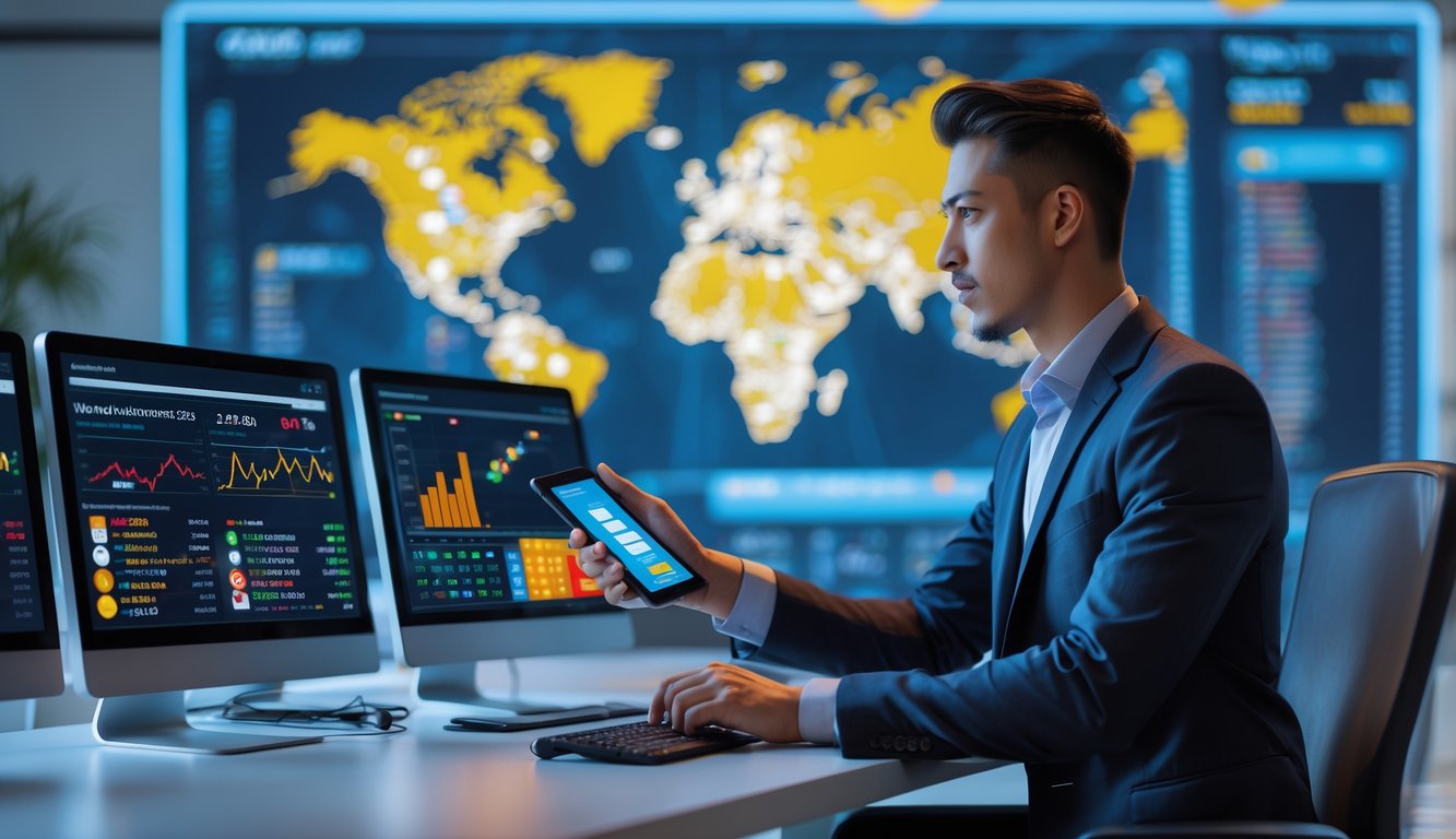 Seorang profesional muda sedang bekerja di meja dengan beberapa layar komputer menampilkan data pasar togel global secara real-time.