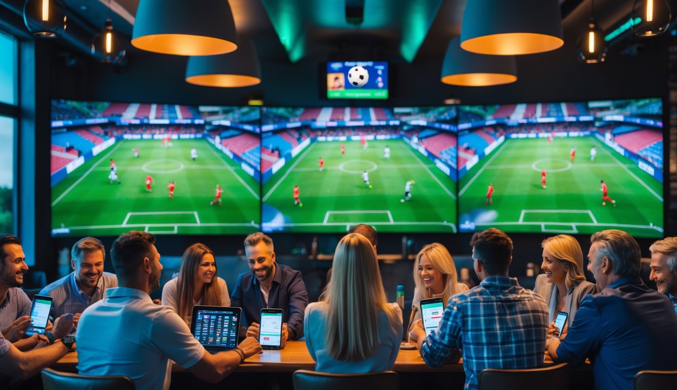 Orang-orang menonton pertandingan sepak bola secara langsung di layar besar sambil menggunakan perangkat digital untuk mengikuti aksi pertandingan.