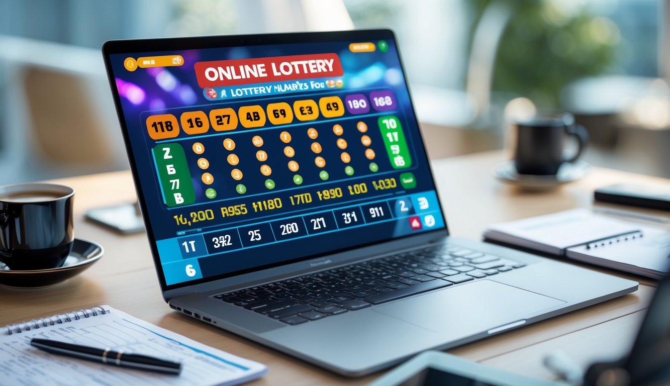 Meja kerja modern dengan laptop yang menampilkan angka dan grafik, di sekitar terdapat catatan, pena, dan cangkir kopi.