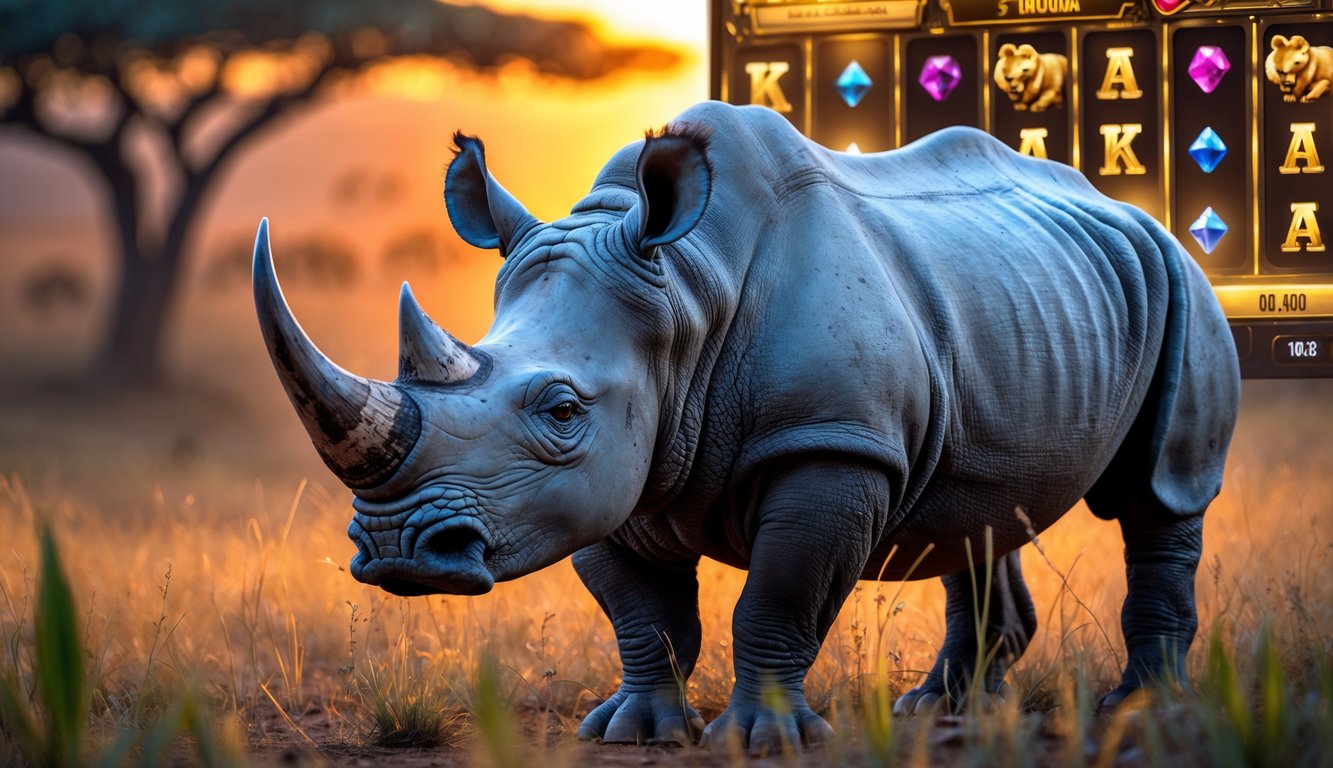 Seekor badak besar di savana Afrika saat matahari terbit dengan latar belakang simbol mesin slot yang samar.