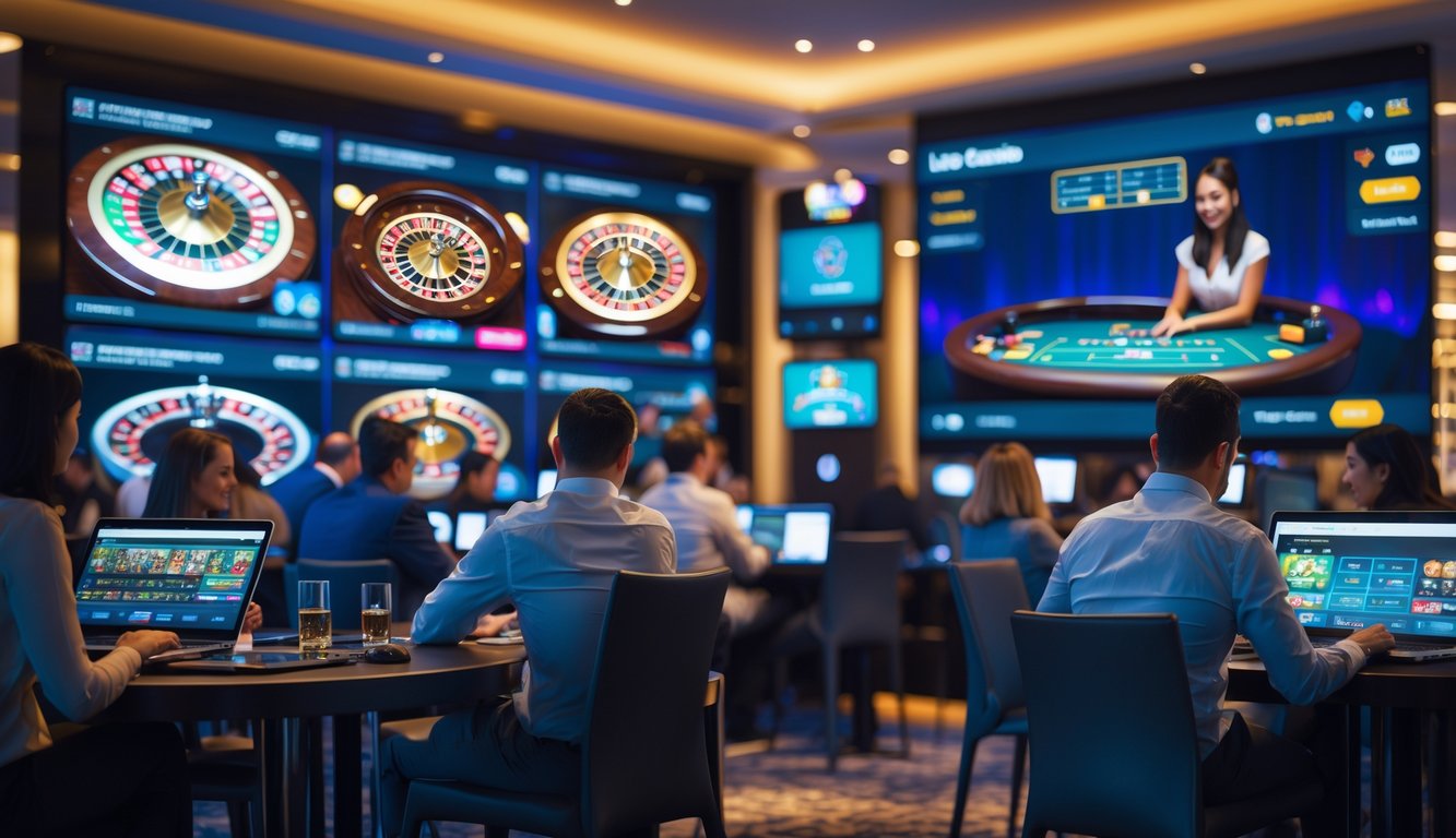 Orang-orang bermain kasino online dengan layar besar menampilkan permainan kasino langsung.