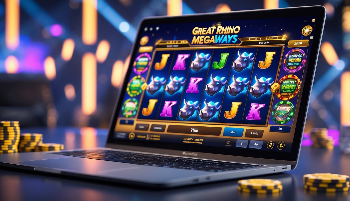 Layar komputer menampilkan permainan slot Great Rhino Megaways dengan simbol badak dan satwa Afrika lainnya.