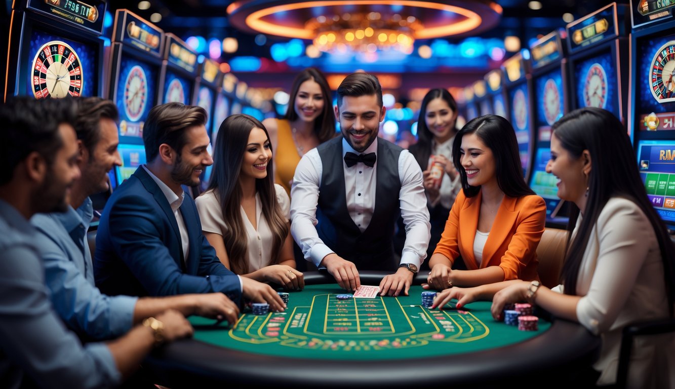 Orang-orang bermain permainan kasino online dengan dealer langsung di meja blackjack virtual, dikelilingi oleh layar digital dan elemen kasino.