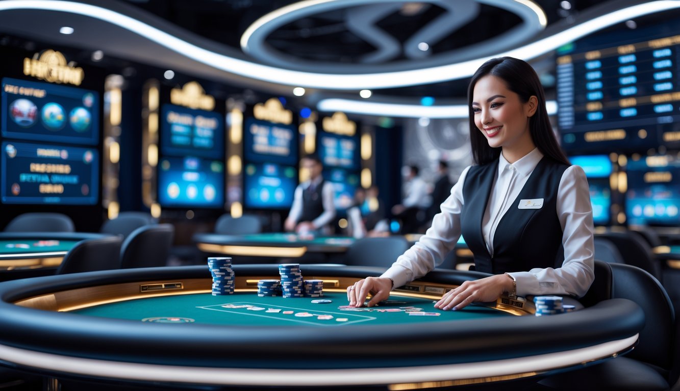 Seorang dealer kasino nyata di meja permainan online dengan layar dan peralatan modern, sedang berinteraksi secara langsung.