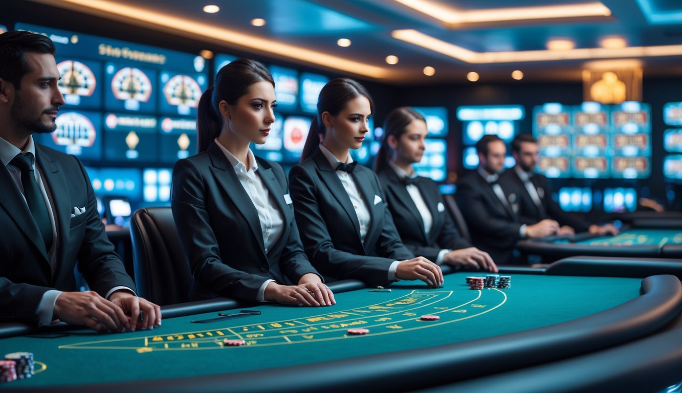 Meja kasino profesional dengan dealer dan peralatan streaming dalam suasana kasino online yang modern dan stabil.