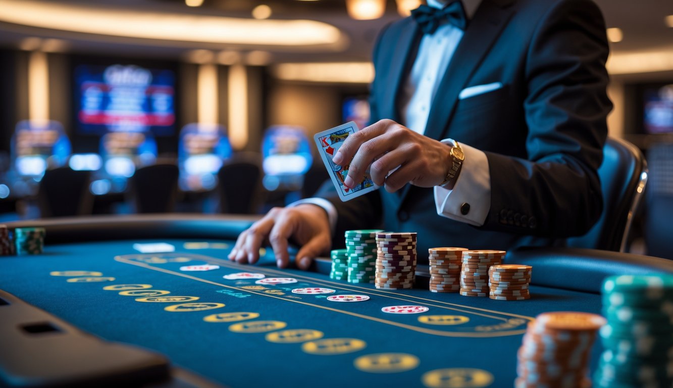 Meja dealer kasino langsung dengan dealer yang sedang mengelola permainan kartu cepat di suasana kompetitif.