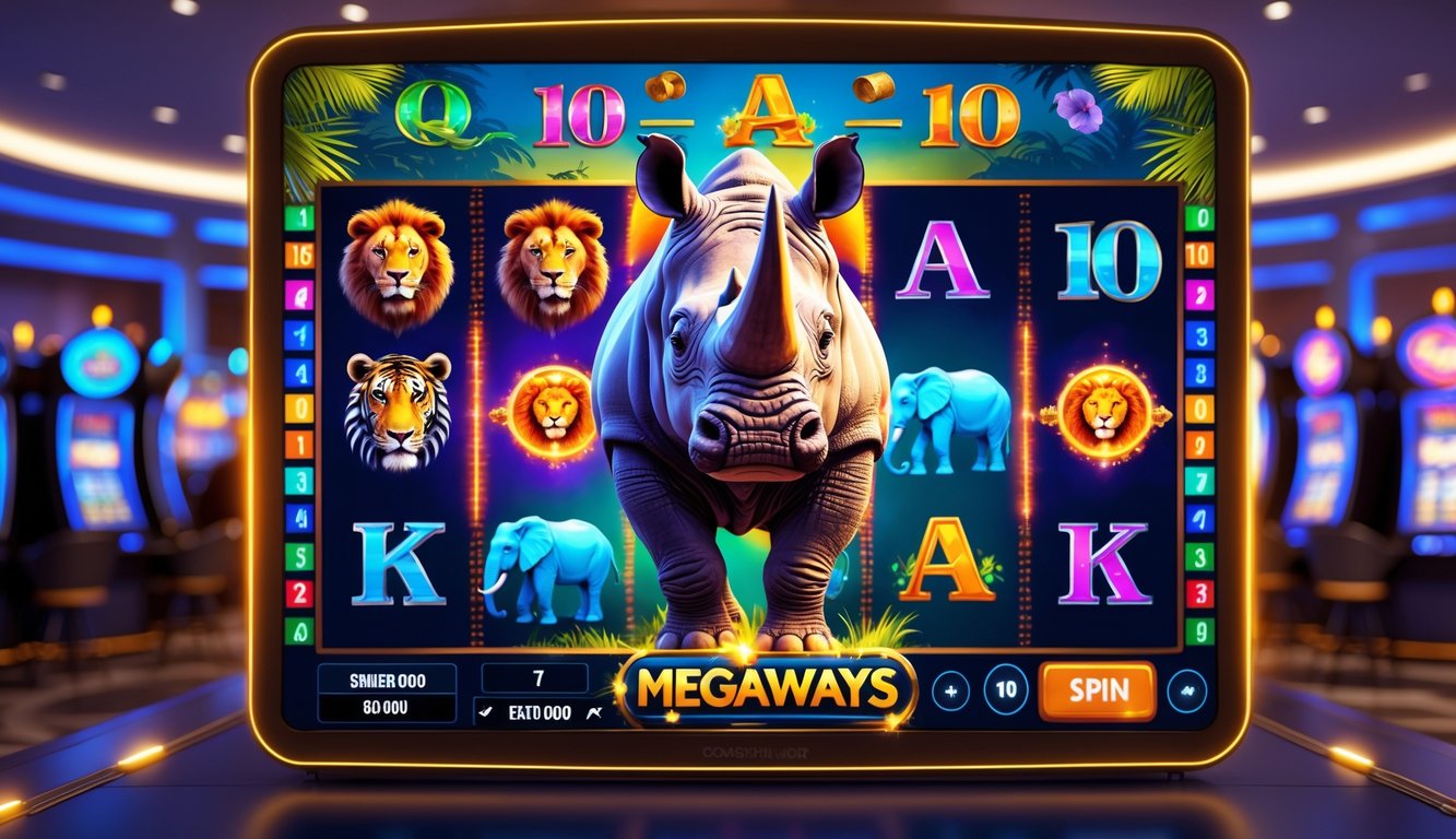 Mesin slot bertema satwa Afrika dengan gambar badak besar di tengah dan latar kasino modern.