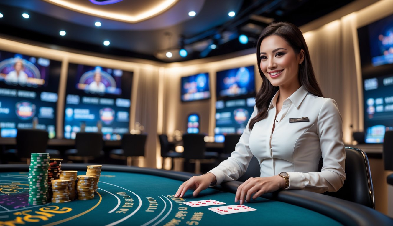 Seorang dealer wanita profesional sedang membagikan kartu di meja blackjack di studio kasino online dengan layar besar di latar belakang.