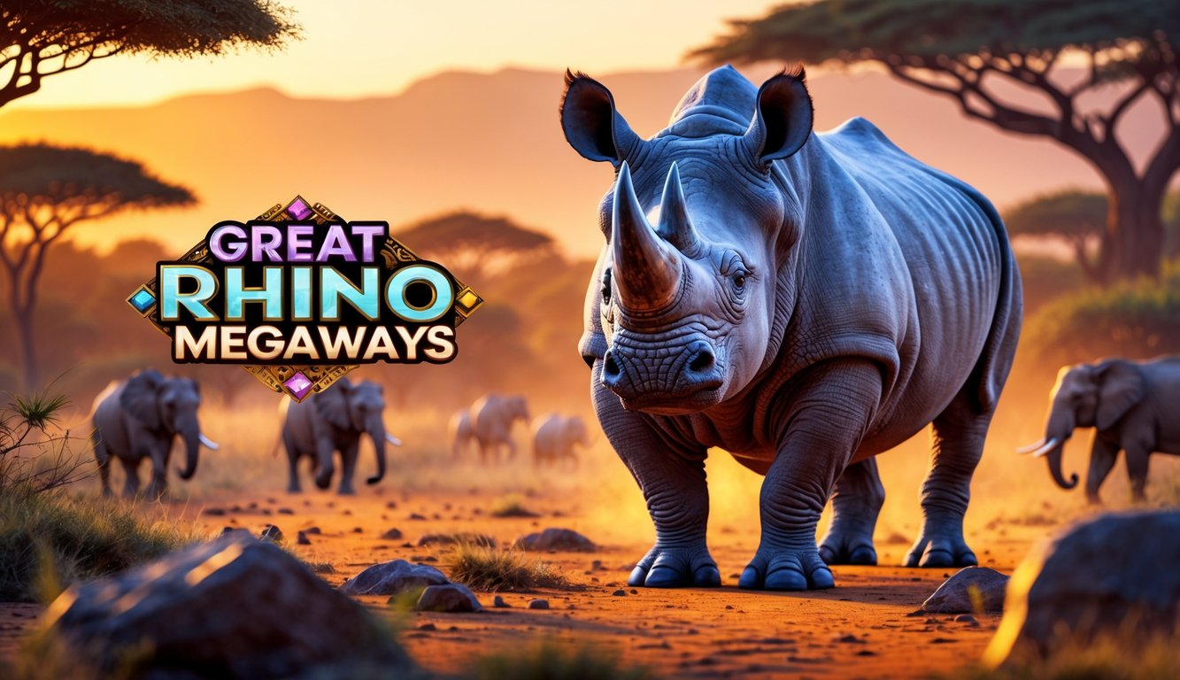 Seekor badak besar berdiri di padang savana Afrika dengan latar belakang hewan liar dan batu permata berwarna-warni.