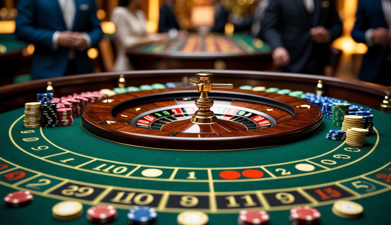 Meja roulette Eropa dengan roda roulette dan chip taruhan di kasino mewah.