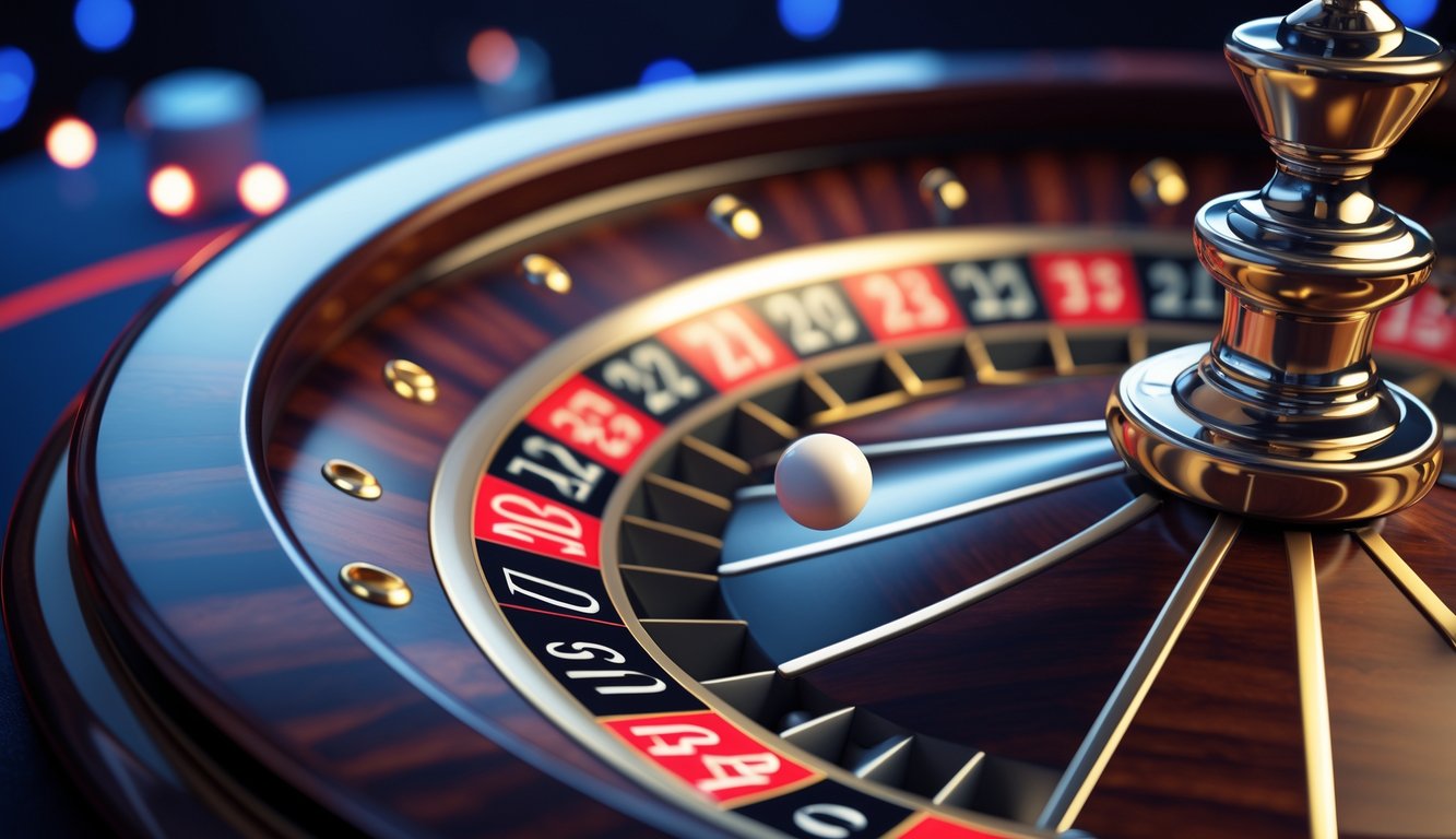 Roda roulette Eropa dengan bola putih yang sedang berputar di latar belakang kasino online.