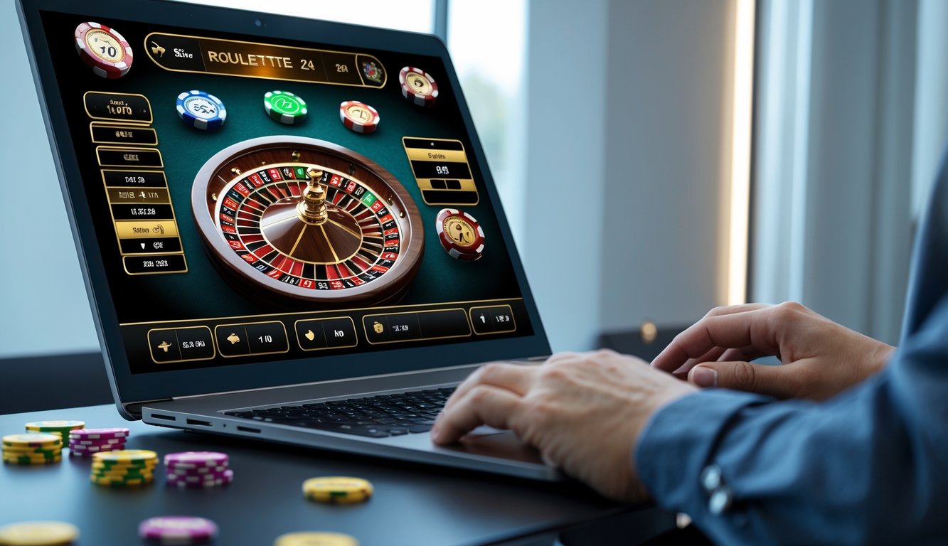 Seseorang menggunakan komputer dengan tampilan roda roulette online di layar dalam suasana ruang kerja yang bersih dan terang.