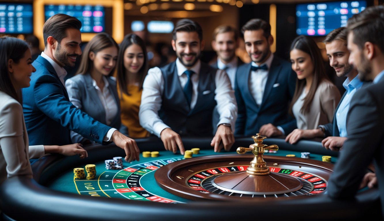 Beberapa orang sedang bermain roulette Eropa secara langsung dengan dealer yang memutar roda roulette di meja kasino modern.