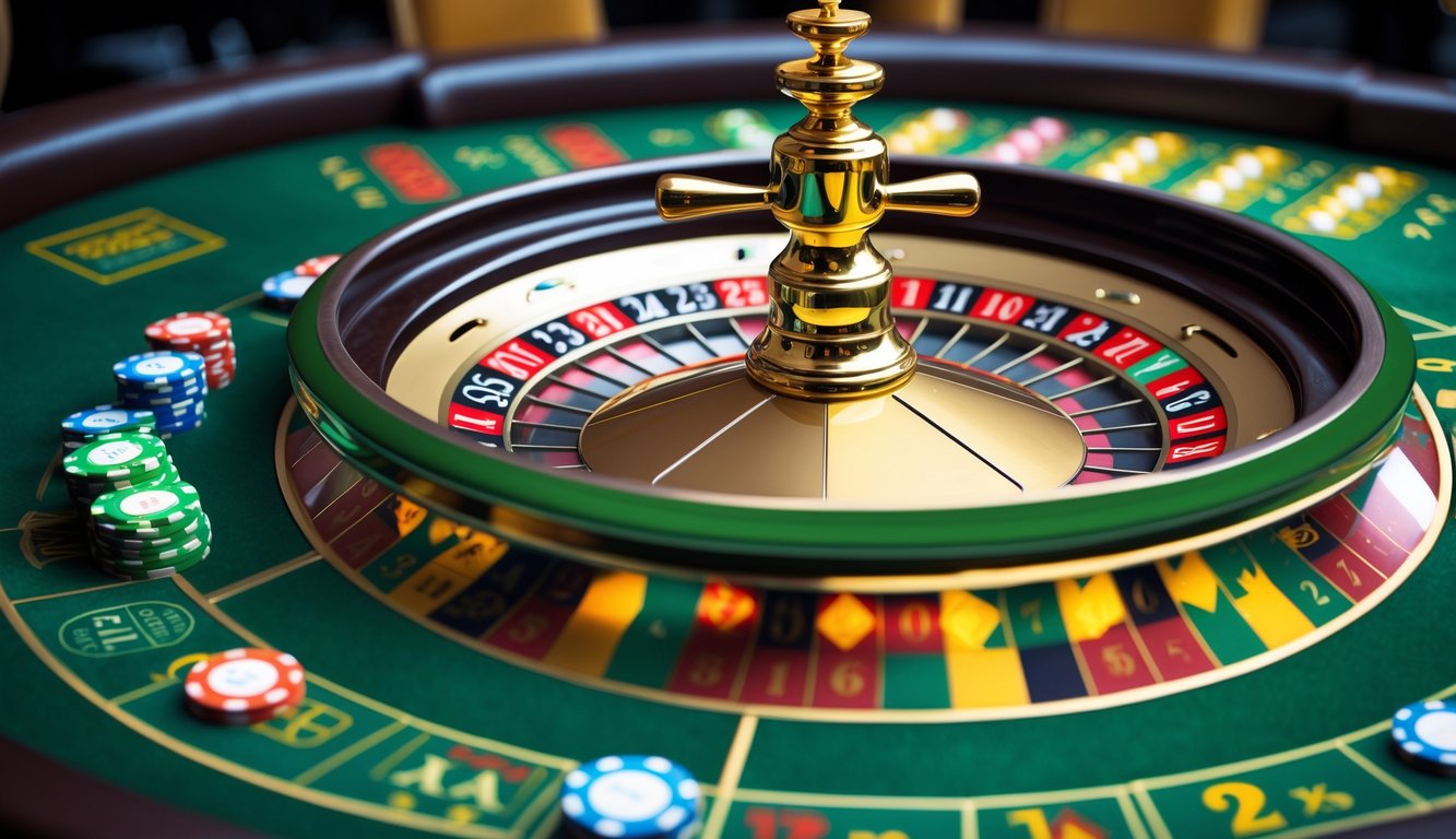 Meja roulette Eropa dengan roda roulette dan beberapa chip warna-warni yang ditempatkan pada area taruhan.