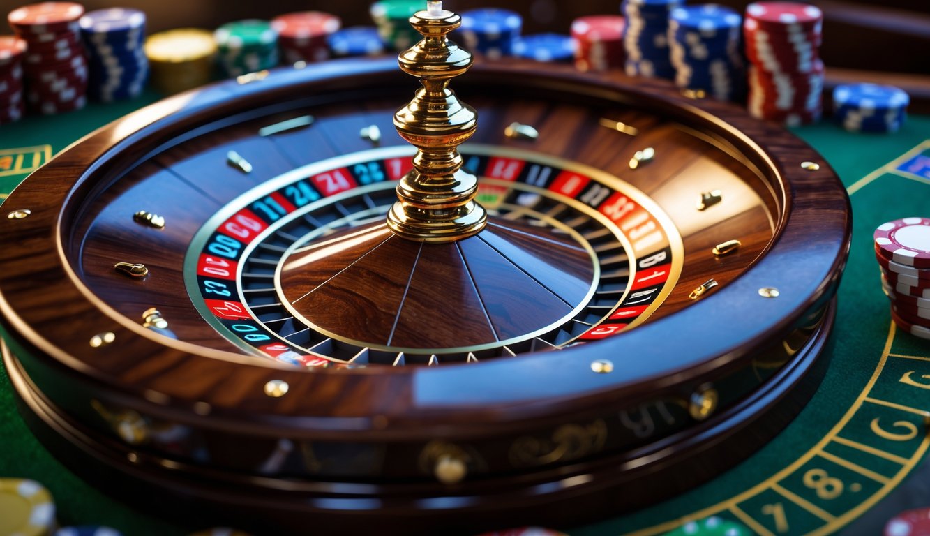 Roda roulette Eropa dengan bola putih di meja kasino hijau dan tumpukan chip di latar belakang.