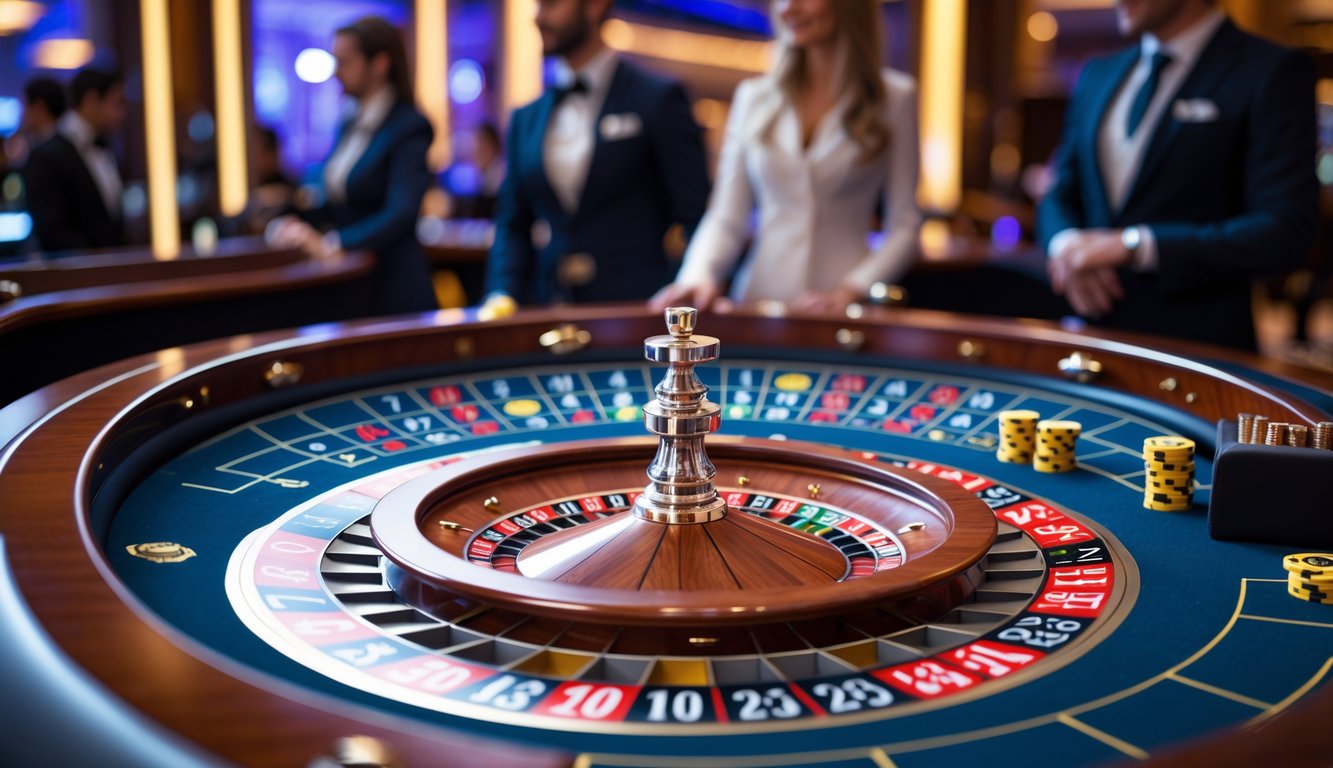Meja roulette Eropa modern dengan roda roulette dan chip taruhan di kasino yang elegan.