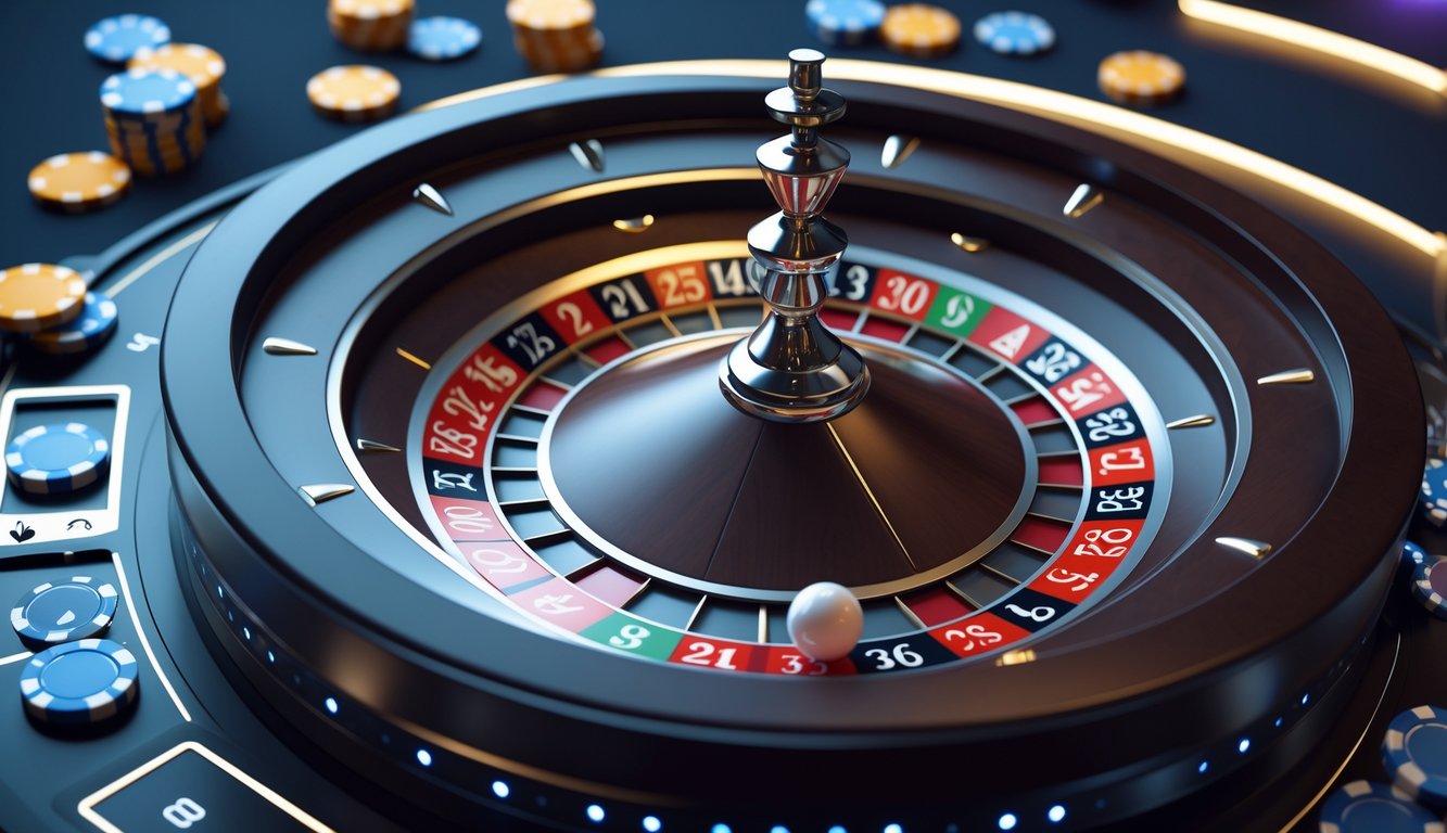 Roda roulette Eropa berputar dengan bola putih di atasnya dalam suasana kasino online.