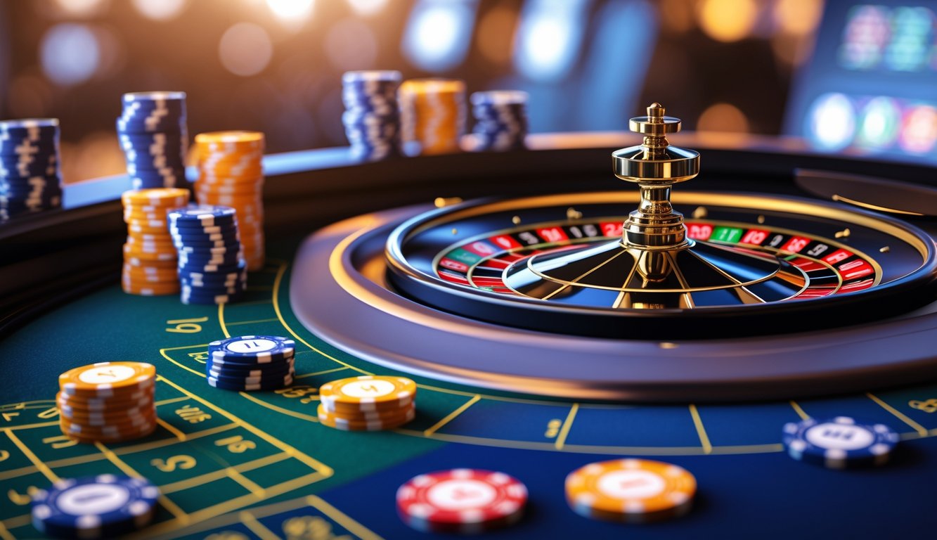 Sebuah meja roulette Eropa online dengan roda roulette digital dan chip taruhan berwarna-warni.
