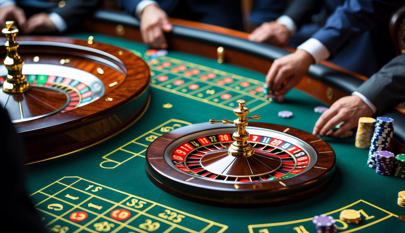 Meja rolet Eropa dengan roda rolet dan tumpukan chip taruhan di kasino.