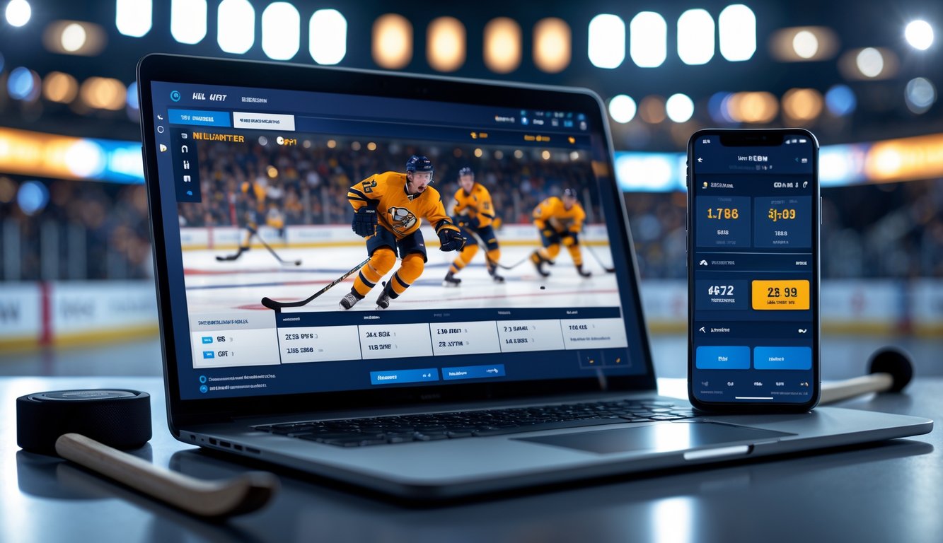 Seorang pria menggunakan laptop dan smartphone untuk memasang taruhan NHL online di meja kerja dengan perlengkapan hoki di sekitar.